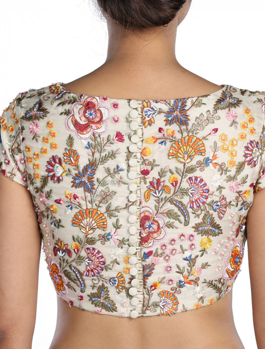 Ivory Multicoloured Floral Embroidred Organza Blouse