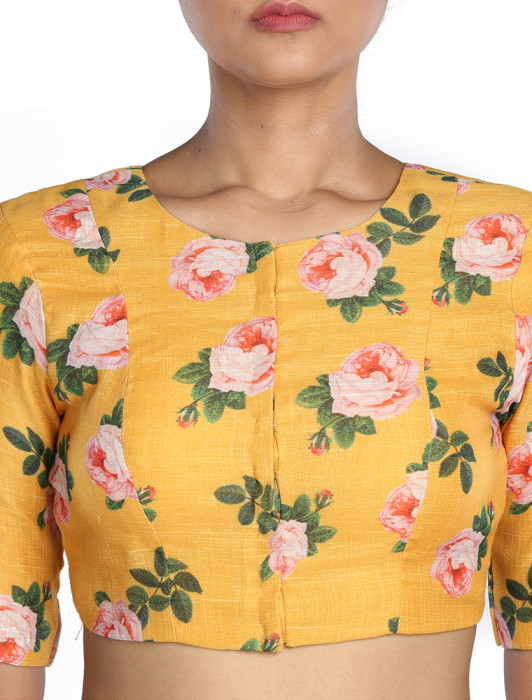 Yellow Pink Floral Print Linen Blouse