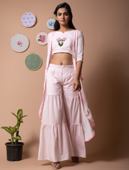 Buy Sew in Style Women's Cotton Silk Crop Top with Jacket & Sharara Pant  (Large) at Amazon.in