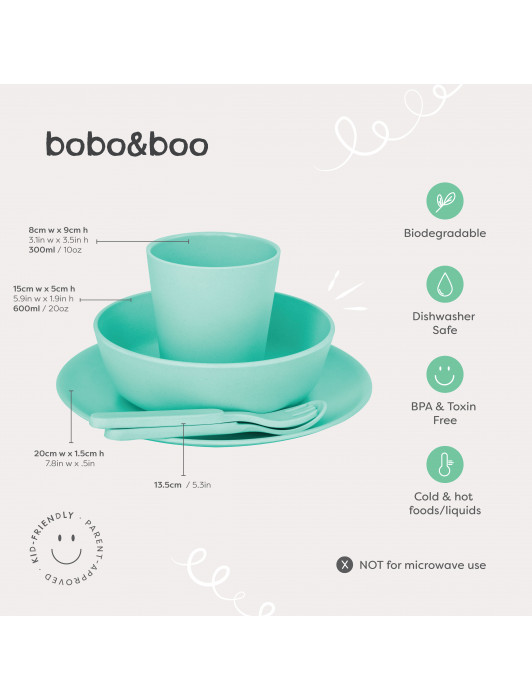 Bobo&Boo Non-Toxic, BPA-Free, 5 Piece Children’s Bamboo Dinner Set- Mint Green