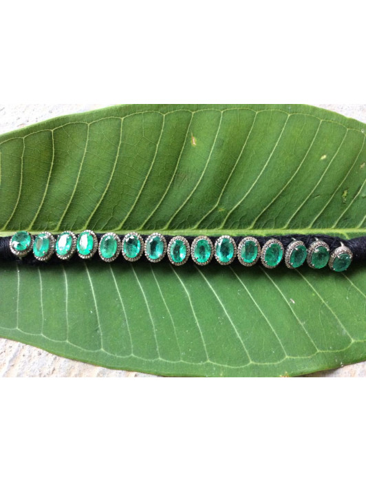 Emerald Oval Single Line Pave Diamond Bracelet Thread Bracelet Hand Made