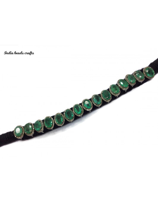 Emerald Oval Single Line Pave Diamond Bracelet Thread Bracelet Hand Made