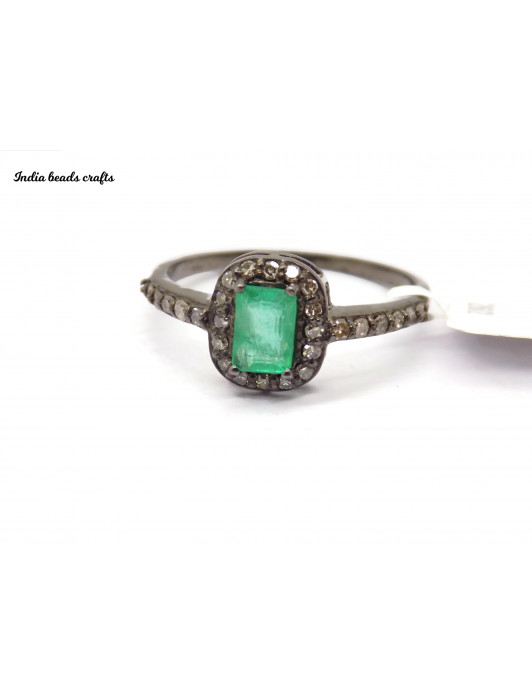 Beautiful Emerald Rectangle Pave Diamond 925 Sterling Silver Ring Diamond Ring