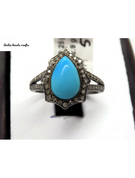Natural Turquoise Pear 8x12MM Pave Diamond Ring , Diamond Ring 925 Sterling Silver Ring Black Oxidase Plating