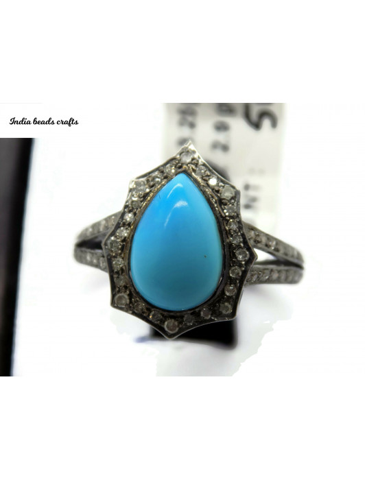 Natural Turquoise Pear 8x12MM Pave Diamond Ring , Diamond Ring 925 Sterling Silver Ring Black Oxidase Plating