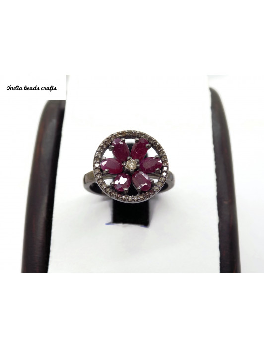 Ruby Oval 3x5MM 6Pcs Flower Design Pave Diamond Black Oxidase Ring
