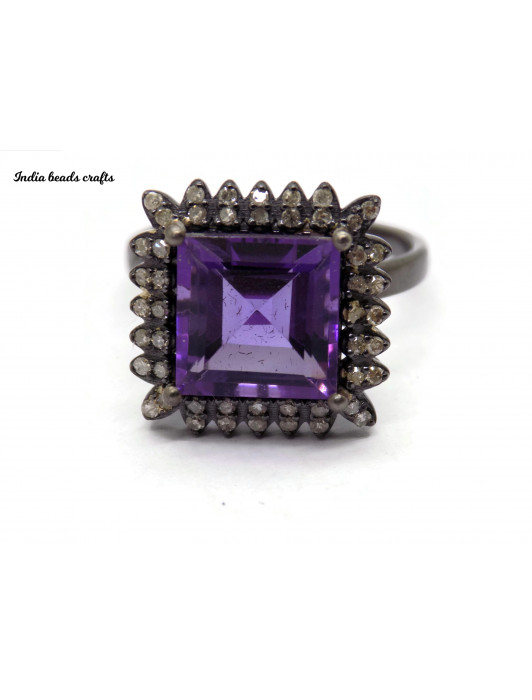 Amethyst Square 10MM Pave Diamond Ring Hand Made Black Oxidase Beautiful Ring