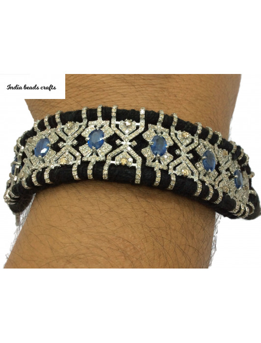 Blue Sapphire Oval With Pave Diamond Thread Bracelet Unique Design Natural Diamond Natural Blue Sapphaire