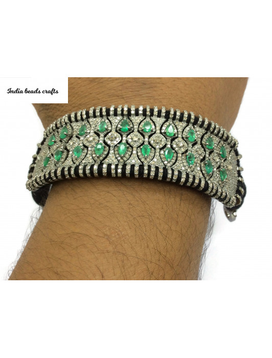 Natural Emerald Oval Pave Diamond Thread Bracelet Unique Design Natural Diamond Natural Emerald