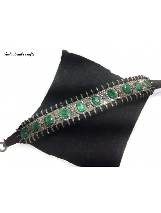 Natural Emerald 5x7mm Stone Pave Diamond Macrame Bracelet , Diamond Bracelet , Emerald Bracelet , Thread Bracelets