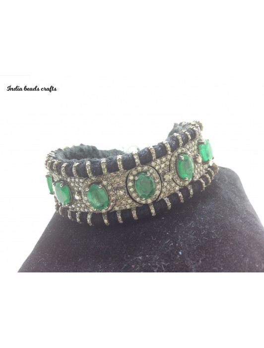 Natural Emerald 5x7mm Stone Pave Diamond Macrame Bracelet , Diamond Bracelet , Emerald Bracelet , Thread Bracelets