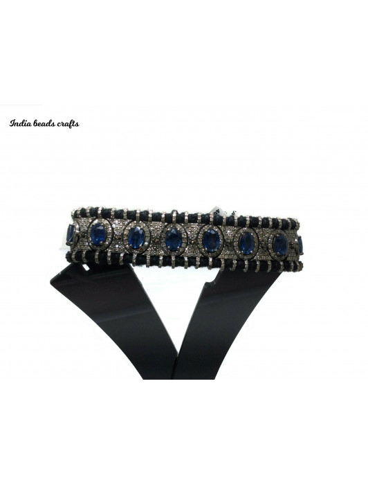 Natural Blue Sapphire Oval With Pave Diamond Bracelet , Women Bracelet Diamond Bracelet , Blue Sapphire Bracelet