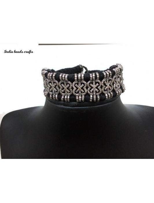 Natural Diamond Flower Design Shape Pave Diamond Bracelet Black Thread