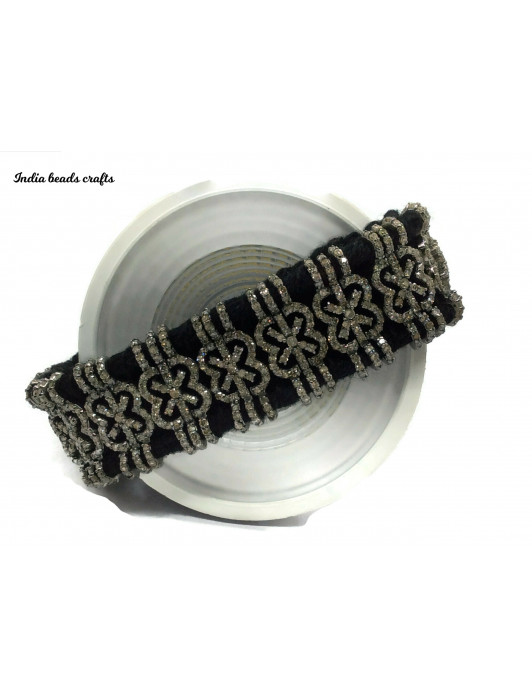 Natural Diamond Flower Design Shape Pave Diamond Bracelet Black Thread