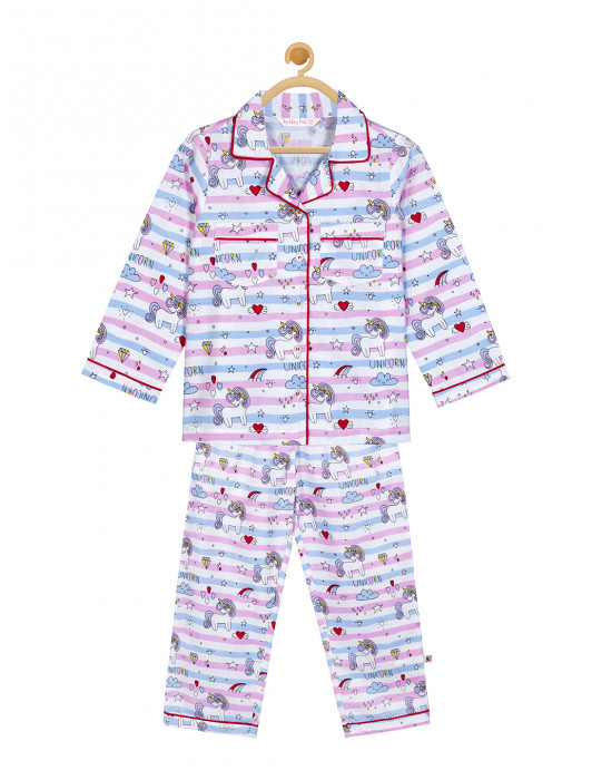 Budding Bees Girls Striped With Unicorn Printed Night Suit