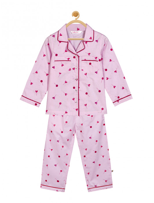 Budding Bees Girls Pink Heart Printed Night Suit