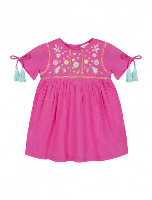 Budding Bees Girls Pink Solid Embroidered Dress