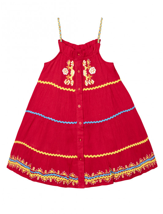 Budding Bees Girls Red Dobby Embroidered Dress
