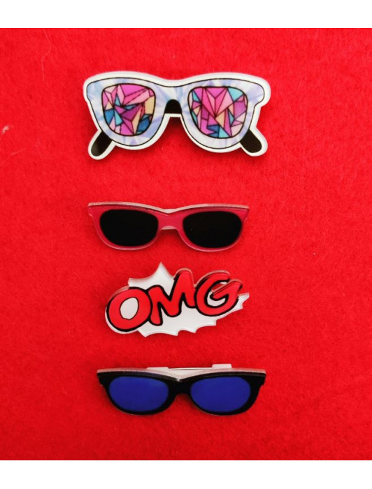 Brooch set of 4- OMG,  sunglasses (blue,red and multi colour)