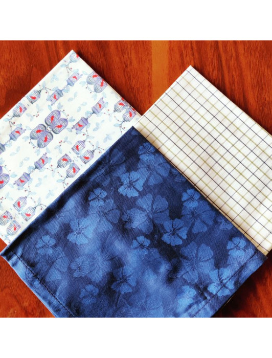 Handkerchief set of 3 print- cage print, blue floral, checks