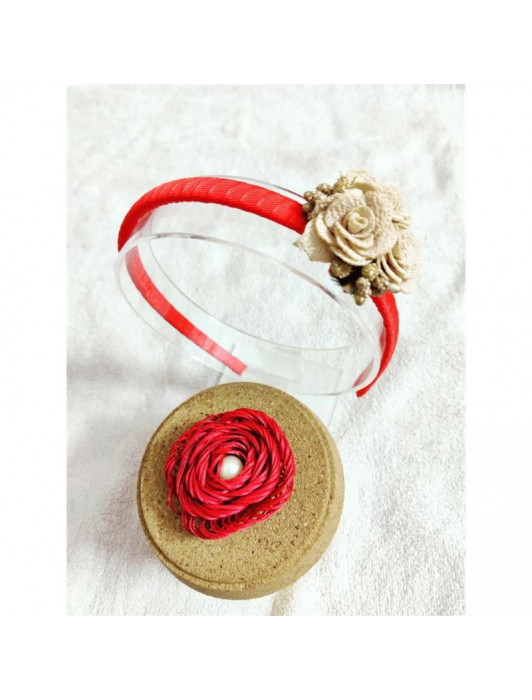 1 Beige Hair band and floral red rubber band