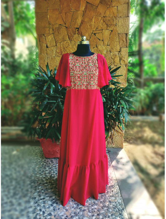 Gown : Maroon georgette plain heavy flair party wear gown