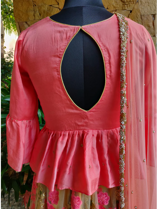 PEACH PEPLUM BLOUSE WITH EMBROIDERED SKIRT