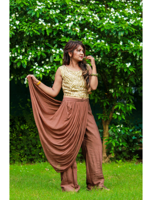 CREAM & GOLDEN SQUENCE TOP PAIRED BROWN DRAPE PANT