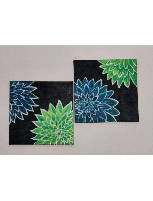 Set of two Green Blue Flowers Canvas Painting