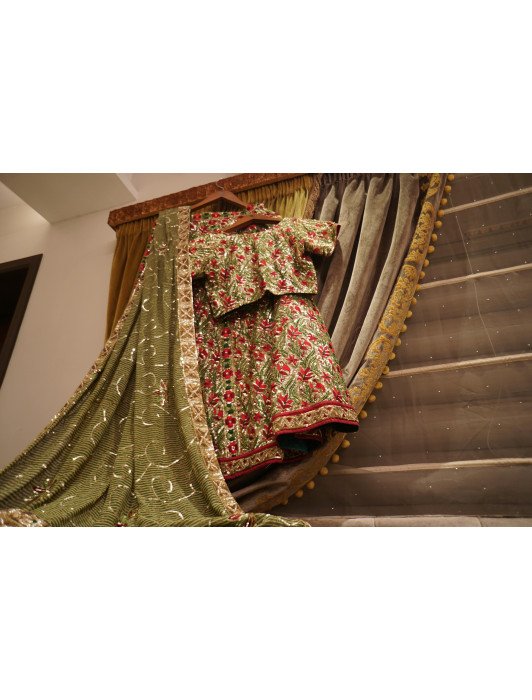 Olive green full embroidered lehanga with sequins thread and zari work