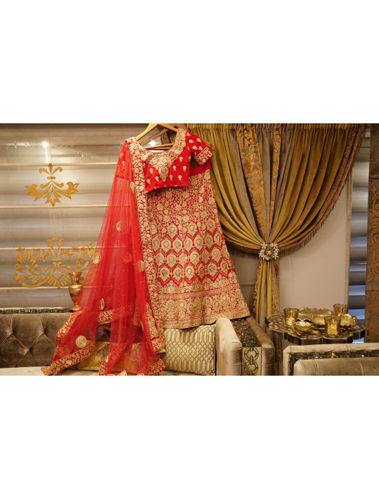 Crimson Red velvet  Excusive lehanga with Gold Gota work Embroidery