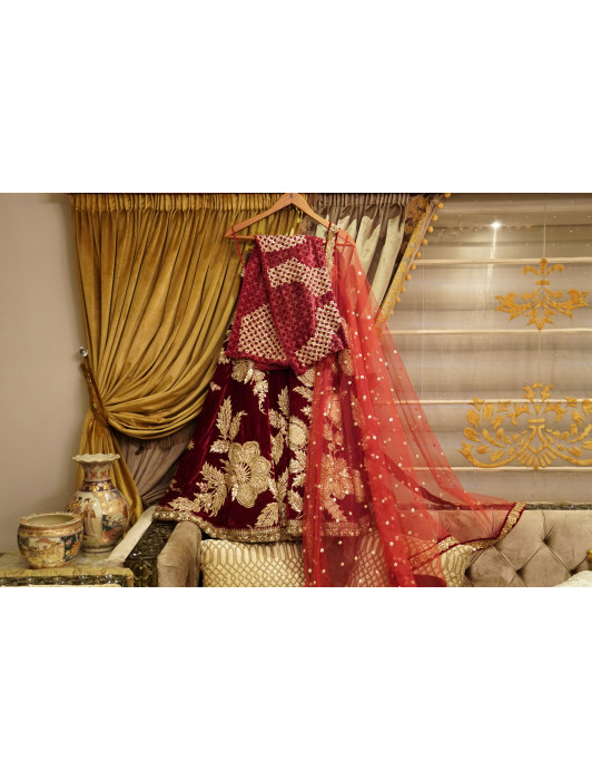Maroon velvet bridal lehanga with sequins embroidery jaal and border