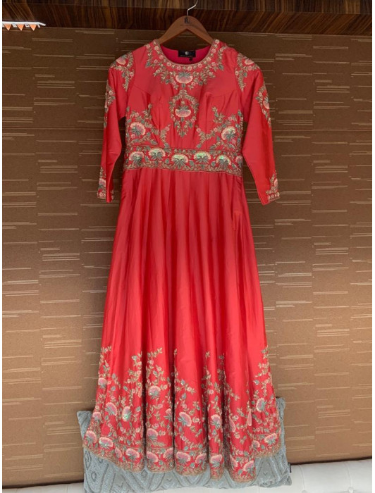 Ruby pink silk kurta with embroidery and sequins