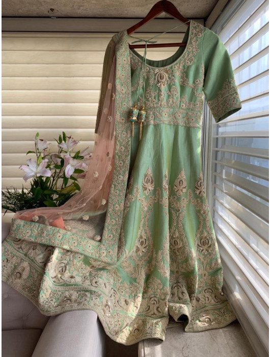 Mint green dupion silk gown with beige embroidery and sequins