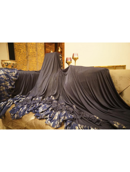 Royal blue saree with frills and printed fabric border