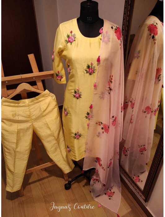 Yellow kurta pants with pink dupatta