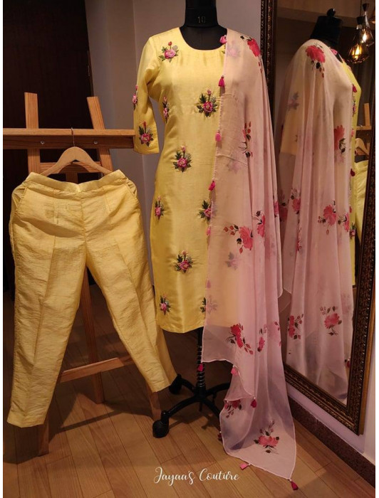 Yellow kurta pants with pink dupatta