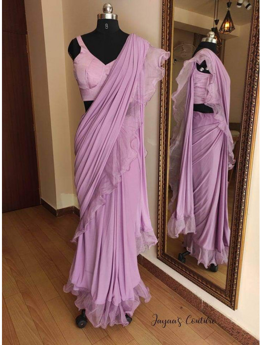 Lavender ruffled saree with blouse and organza jacket 