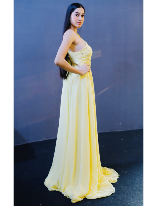 Lemon  yellow  hand  embroidered  gown