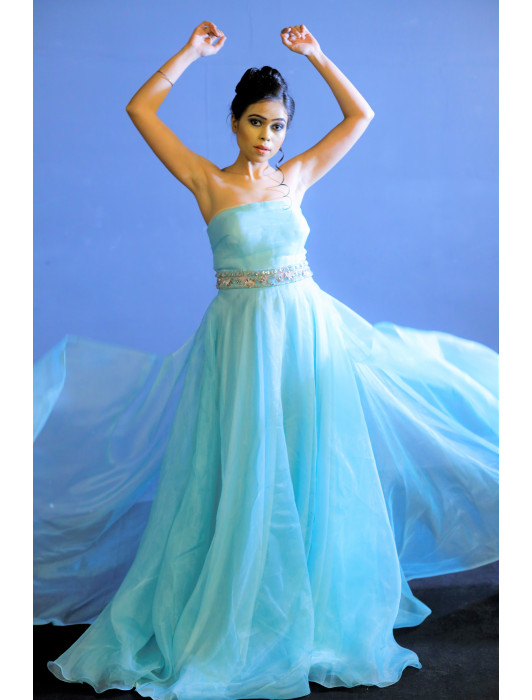 Organza full circular gown with hand embroidered belt