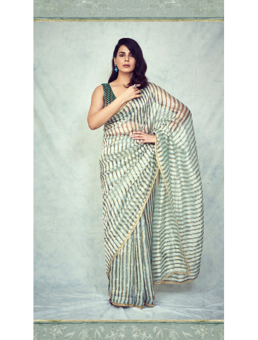Mint green  Gold Chanderi Saree with Gold Zari Crochet Edging 