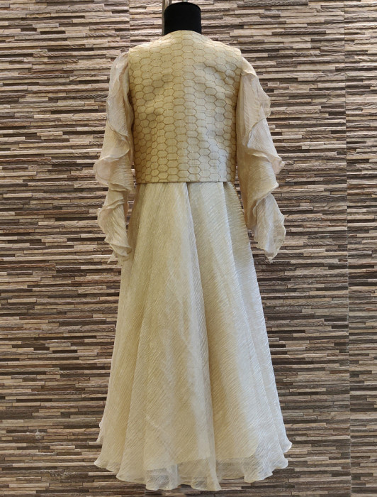 White Flared Pure Muslin Long Dress , with Mustard Hand embroidered Ja –  CNP Associates LLC