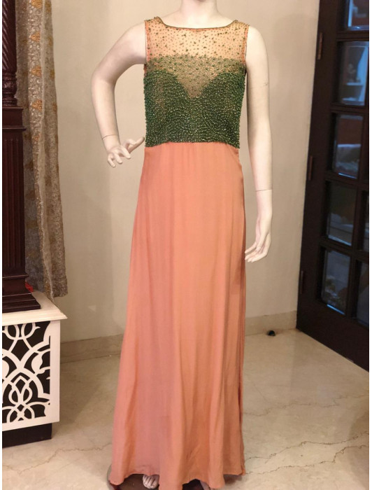 Gown in Peach and Green Pearl Work Stitched