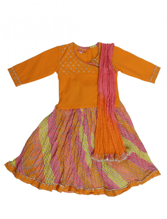 Orange Cotton Tagai Angarkha Top Multi Laharia Cotton Printed Skirt Shaded Crush Dupatta