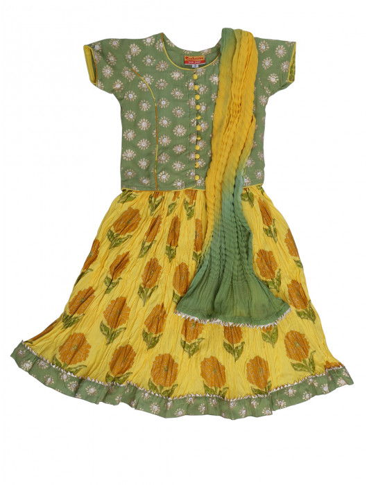 Green Printed Cotton Top Yellow Printed Cotton Skirt Shaded Crush Dupatta