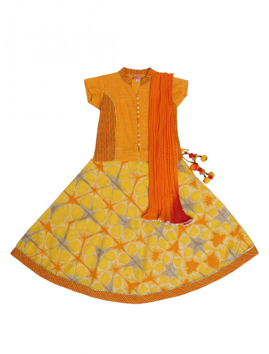 Orange Cotton Top Yellow Printed Skirt Shaded Crush Dupatta