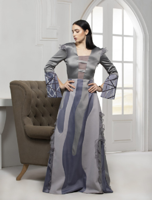GREY MONOTONE COLOUR BLOCK GOWN WITH EXTENDED SATIN RTEXTILE CUFF