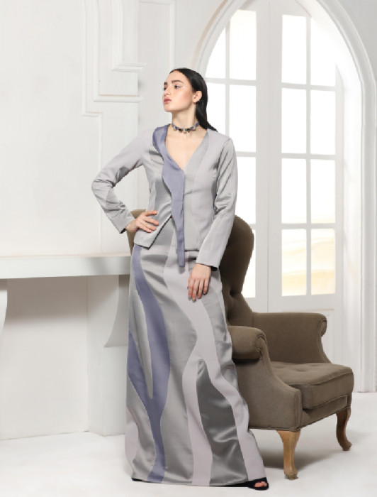 GREY MONOTONE SATIN COLOUR BLOCK SHIRT WITH EXTENDED COLLAR DETAIL