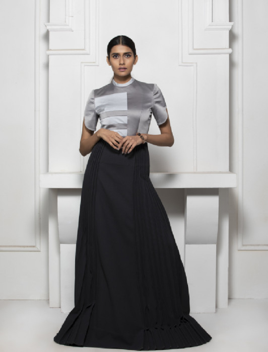 GREY MONOTONE COLOUR BLOCK GOWN WITH PINTUCK SKIRT DETAILS