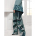 GREEN MONOTONE SATIN CREPE JUMPSUIT WITH ONE SIDE FLARED SATIN TEXTILE SLEEVE